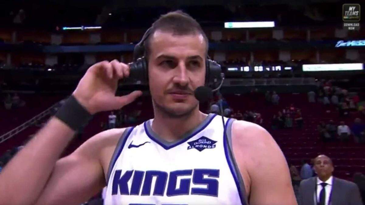 Sacramento Kings forward Nemanja Bjelica is interviewed on NBC Sports California after hitting the game-winning shot against the Houston Rockets on Monday, December 9, 2019 in Houston. Fans loved Bjelicaâs game-winning, buzzer-beating 3-pointer but they also loved him saying âF--- it, we deserve this win,â on live TV. The motto is already appearing on shirts.