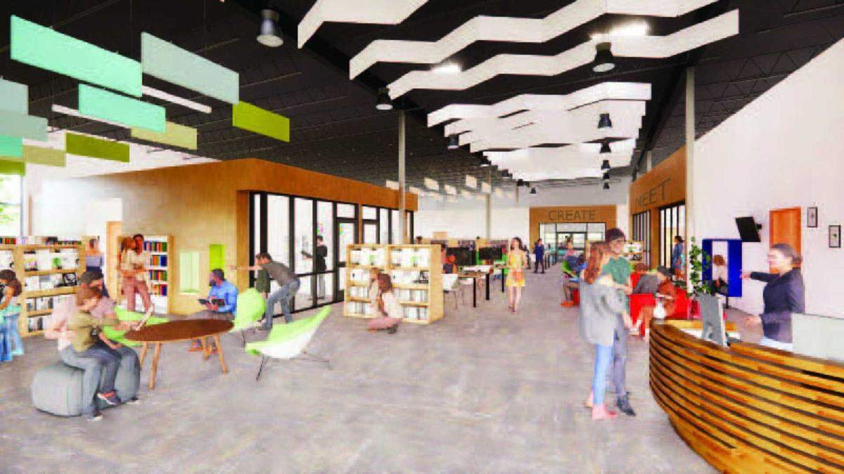An artist rendering shows the lobby and service desk area inside the new Elk Grove Library planned for 9260 Elk Grove Blvd. in Elk Grove. The new branch is scheduled to open in September following completion of construction expected in June.