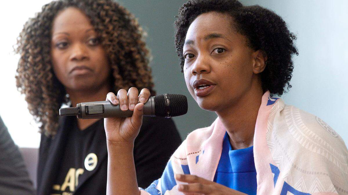 FILE - In this Feb. 23, 2019 file photo Assemblywoman Akilah Weber speaks as she sits with other members of a panel during the Black Excellence in Public Service: Serving and Protecting Our Children in San Diego. She is carrying a bill this year that would direct supplemental education funding to Black students. (Hayne Palmour IV/The San Diego Union-Tribune via AP, File)