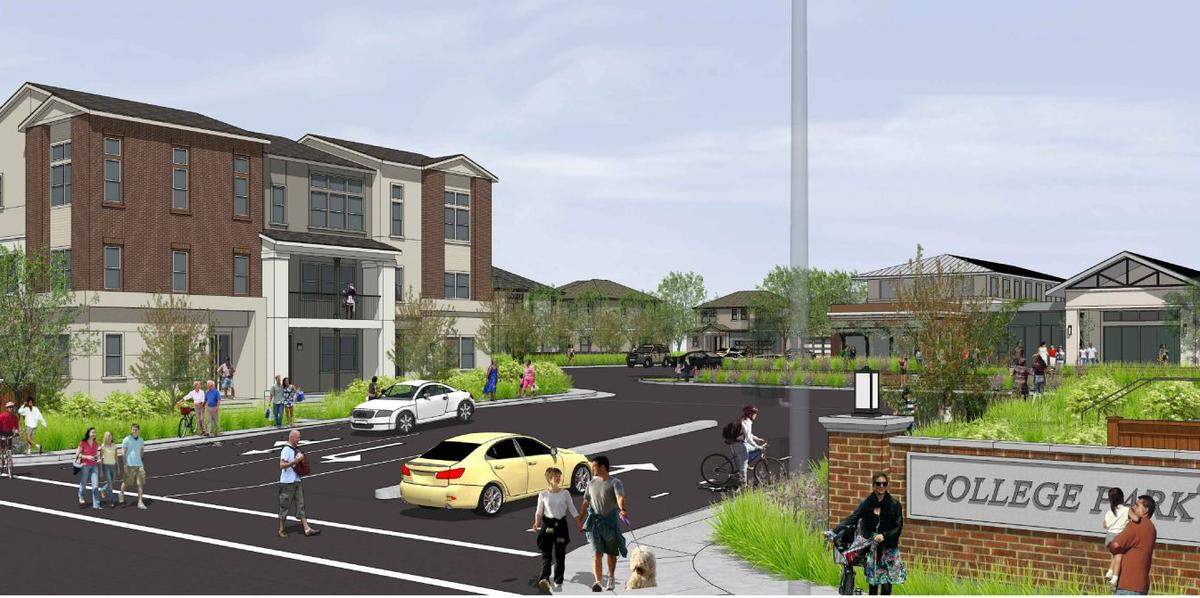 A rendering depicts what a proposed mixed-use development, called College Park, would look like in Rocklin. Neighbors sued the city, saying that it violated the California Environmental Quality Act when it approved the project in December 2022. 