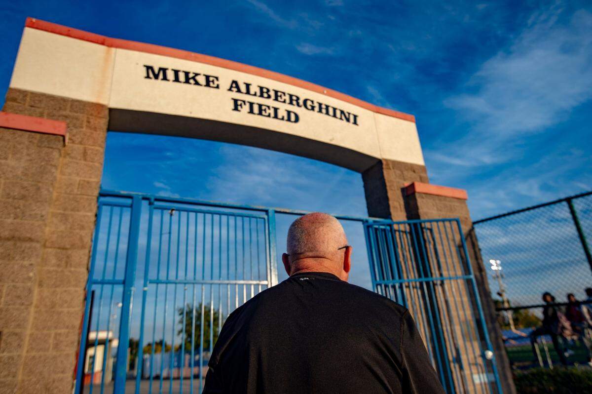 Grant Pacers head coach Mike Alberghini walks into the stadium named after him before his team hosts the Downey Knights in a first-round playoff game on Nov. 2, 2018.
