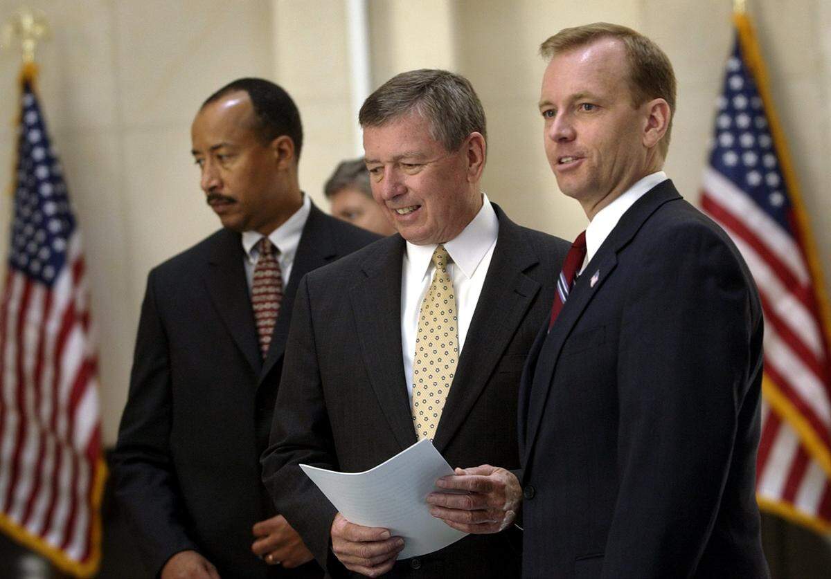 Patriot Act Project Michael Mason, former FBI Special agent in charge California, U.S. Attorney General John Ashcroft, and McGregor Scott, U.S. Attorney Eastern district of California speak to the press after meeting with local law enforcement officers about terrorism at the U.S. Courthouse in Sacramento in 2003.