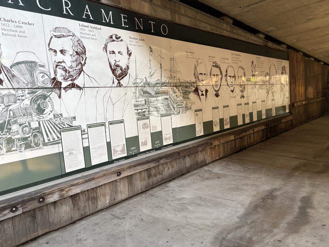 A mural featuring Sacramento pioneers decorates the tunnel under Interstate 5 between Old Sacramento and Downtown Commons. As it reworks the mural, which includes some controversial figures, the city of Sacramento is considering installing a plaque to honor Hackett House, a Black-owned hotel that once stood nearby.