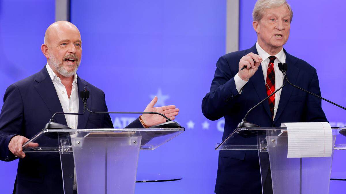 Republican Steve Hilton and Democrat Tom Steyer during a gubernatorial debate at KRON Studios in San Francisco on Wednesday, April 22, 2026. 