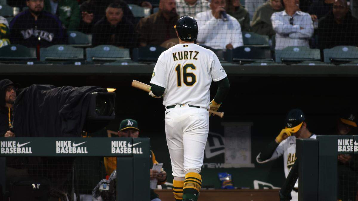 Nick Kurtz of the Athletics walk to the dugout after striking out during the sixth inning Tuesday against the Seattle Mariners at Sutter Health Park in West Sacramento.