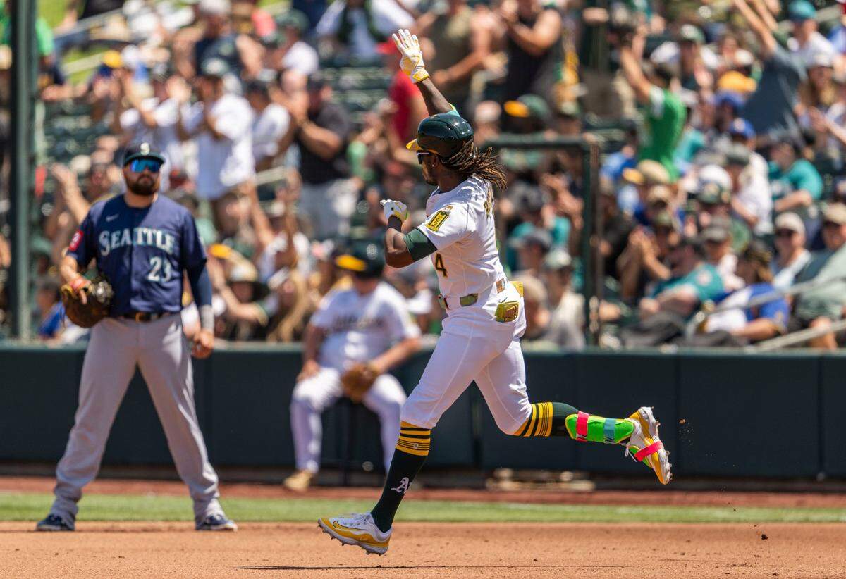 Athletics outfielder Lawrence Butler celebrates a homer during an MLB game against the Seattle Mariners at Sutter Health Park on Wednesday in West Sacramento.
