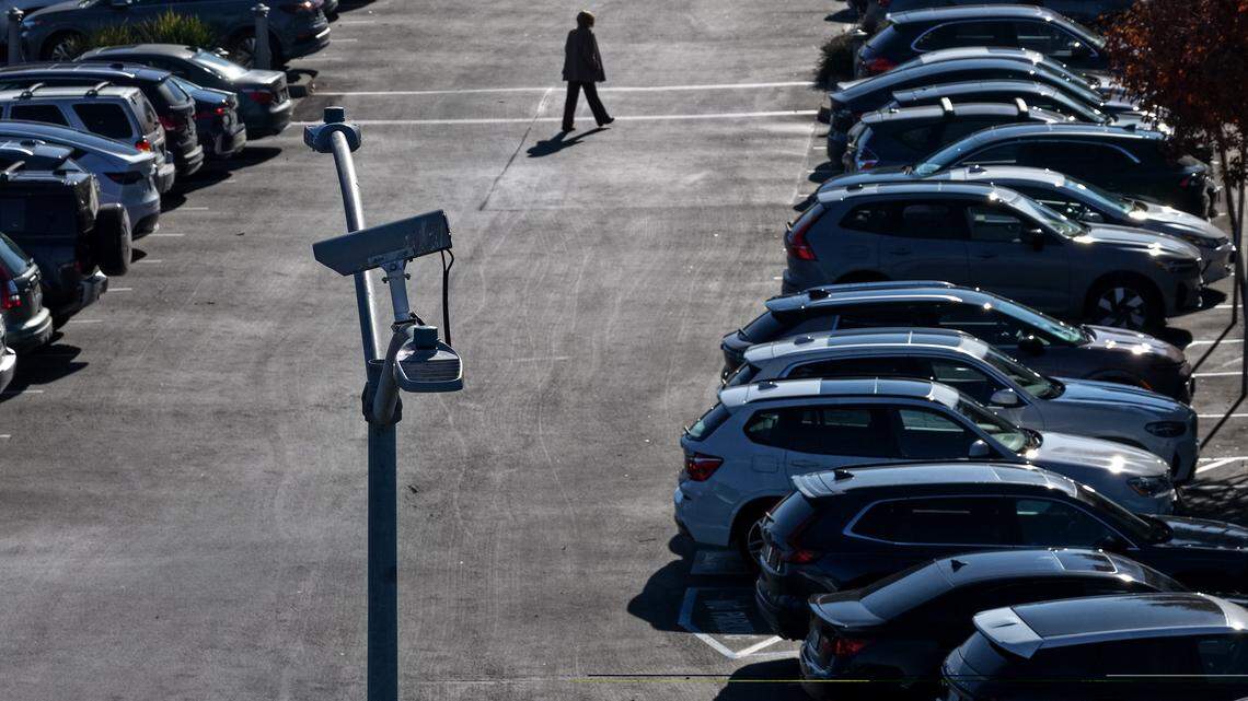 A surveillance camera watches from a light post on Dec. 2, 2025, in Corte Madera. State fusion centers, including two in Sacramento, collect and share mass surveillance data with federal agencies, risking civil liberties.