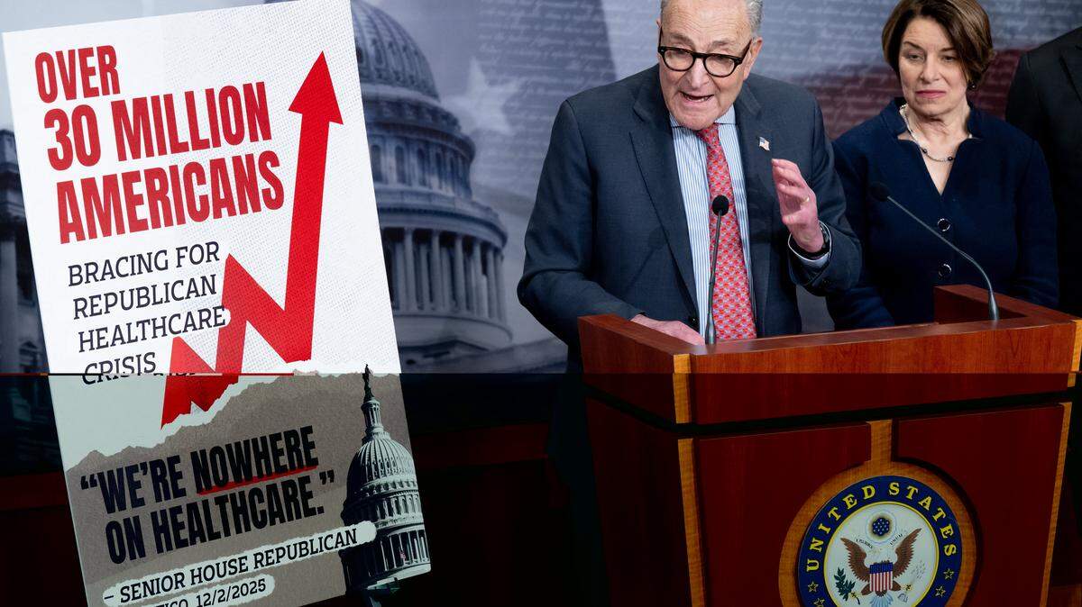Senate Minority Leader Chuck Schumer, D-N.Y., speaks alongside Sen. Amy Klobuchar, D-Minn., following a failed vote in the Senate over healthcare subsidies, during a press conference at the U.S. Capitol on Thursday. Two dueling health care proposals were rejected.