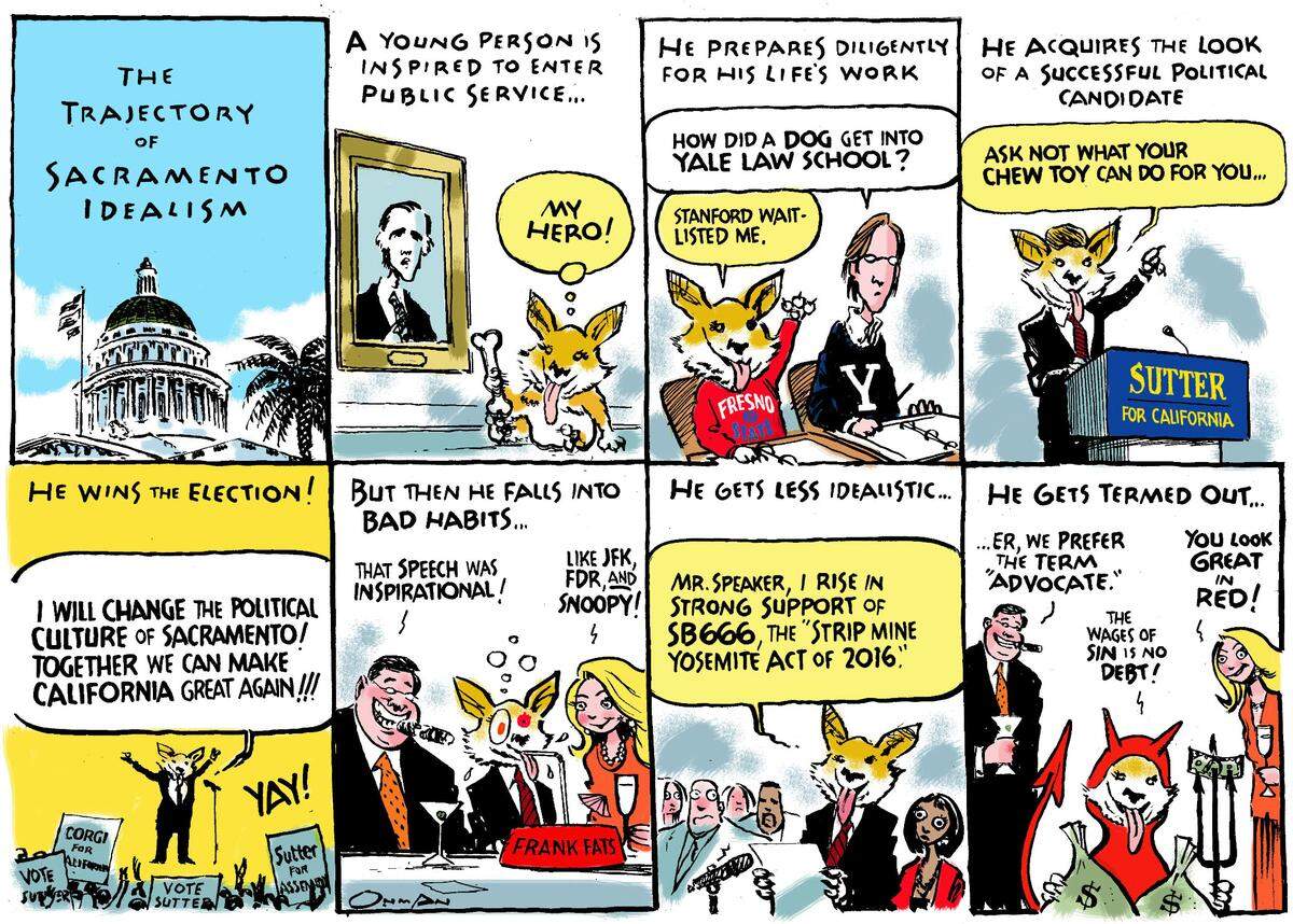 “The trajectory of Sacramento idealism,” an editorial cartoon in Jack Ohman’s 2015 Pulitzer-prize winning portfolio, envisions Sutter the dog’s transformation from idealistic youth to corrupted politician.