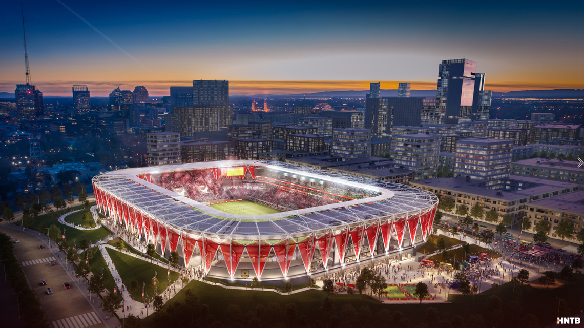 An architectural drawing shows a proposed Major League Soccer stadium in the downtown Sacramento railyard.