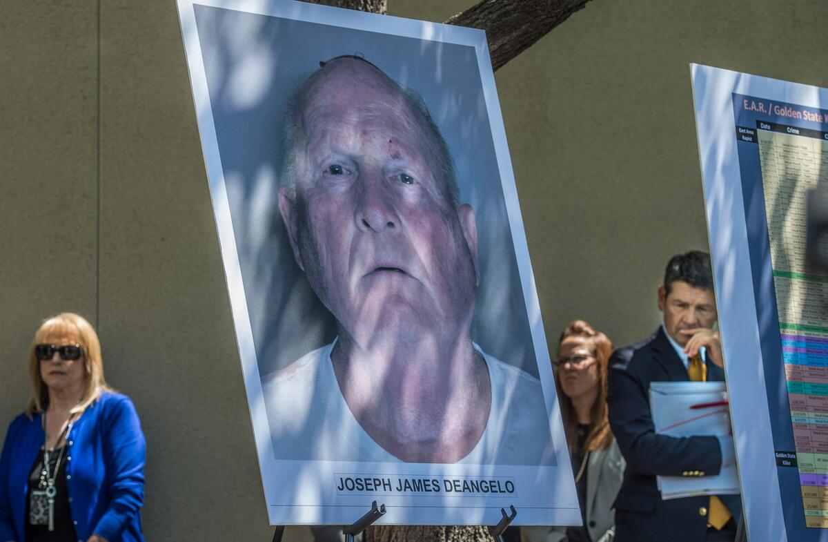A photograph of Joseph James DeAngelo, who law enforcement officials believe is the East Area Rapist, is displayed during a press conference by Sacramento Sheriff Scott Jones and Sacramento District Attorney Anne Marie Schubert.