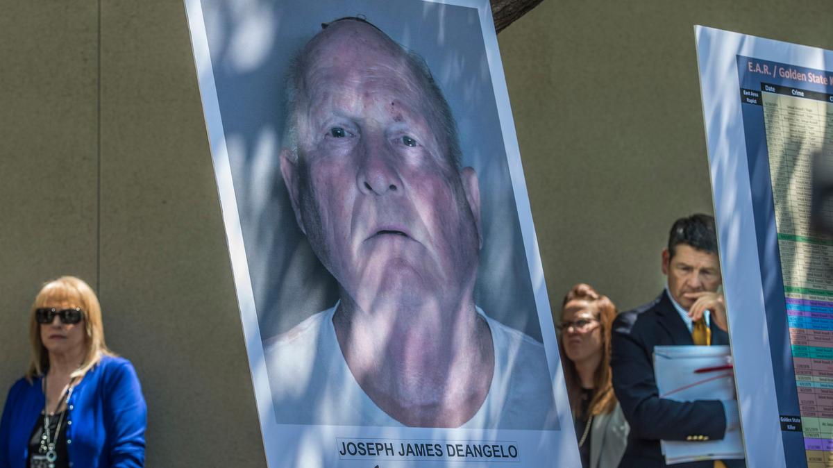 A photograph of Joseph James DeAngelo, who law enforcement officials believe is the East Area Rapist, is displayed during a press conference by Sacramento Sheriff Scott Jones and Sacramento District Attorney Anne Marie Schubert.