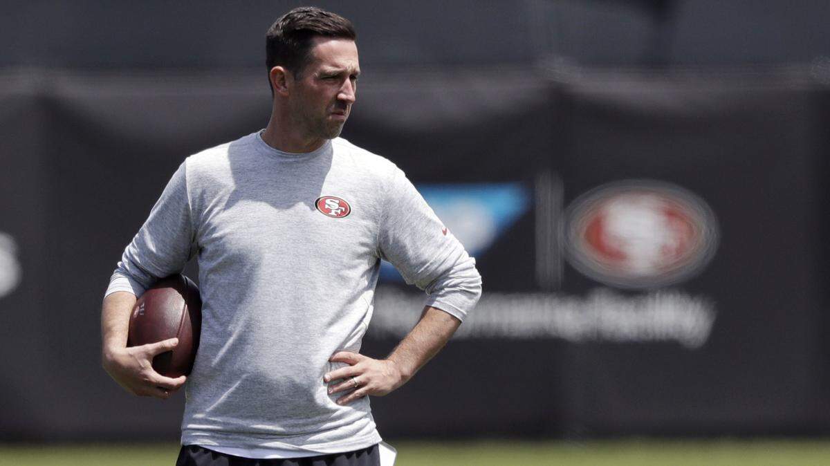 San Francisco 49ers head coach Kyle Shanahan watches drills at NFL football rookie camp Friday, May 4, 2018, in Santa Clara, Calif.