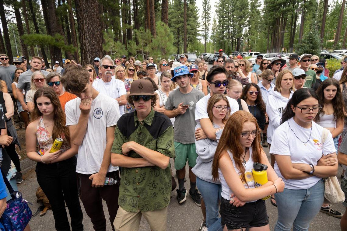 Community member listen to law enforcement during a press conference, Tuesday, August 9, 2022 in Truckee. Authorities are searching for 16-year-old Kiely Rodni or her Honda CR-V after she went missing Saturday from Prosser Family Campground near Truckee.