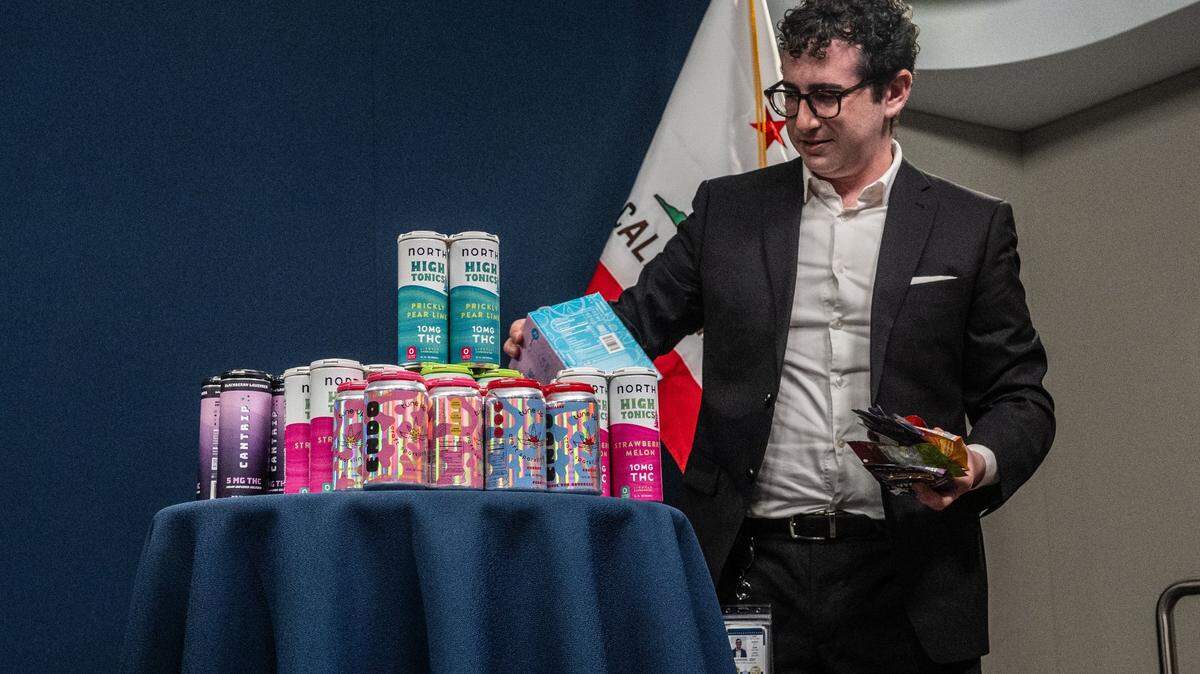 Izzy Gardon, director of communications for Gov. Gavin Newsom, at a 2024 press event focusing on hemp products marketed to children. Gardon has generated scrutiny for aggressive style.
