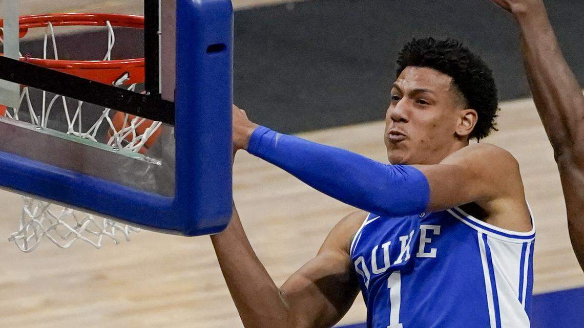 Duke’s Jalen Johnson (1) shoots against Pittsburgh during the second half of an NCAA college basketball game, Tuesday, Jan. 19, 2021, in Pittsburgh. (AP Photo/Keith Srakocic)