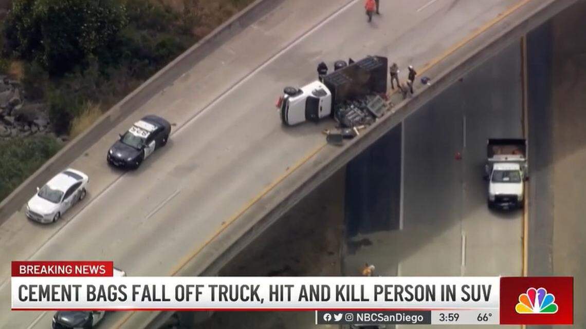 Cement bags fell from a truck crash on a highway overpass onto an SUV passing below, killing a passenger, the California Highway Patrol says.