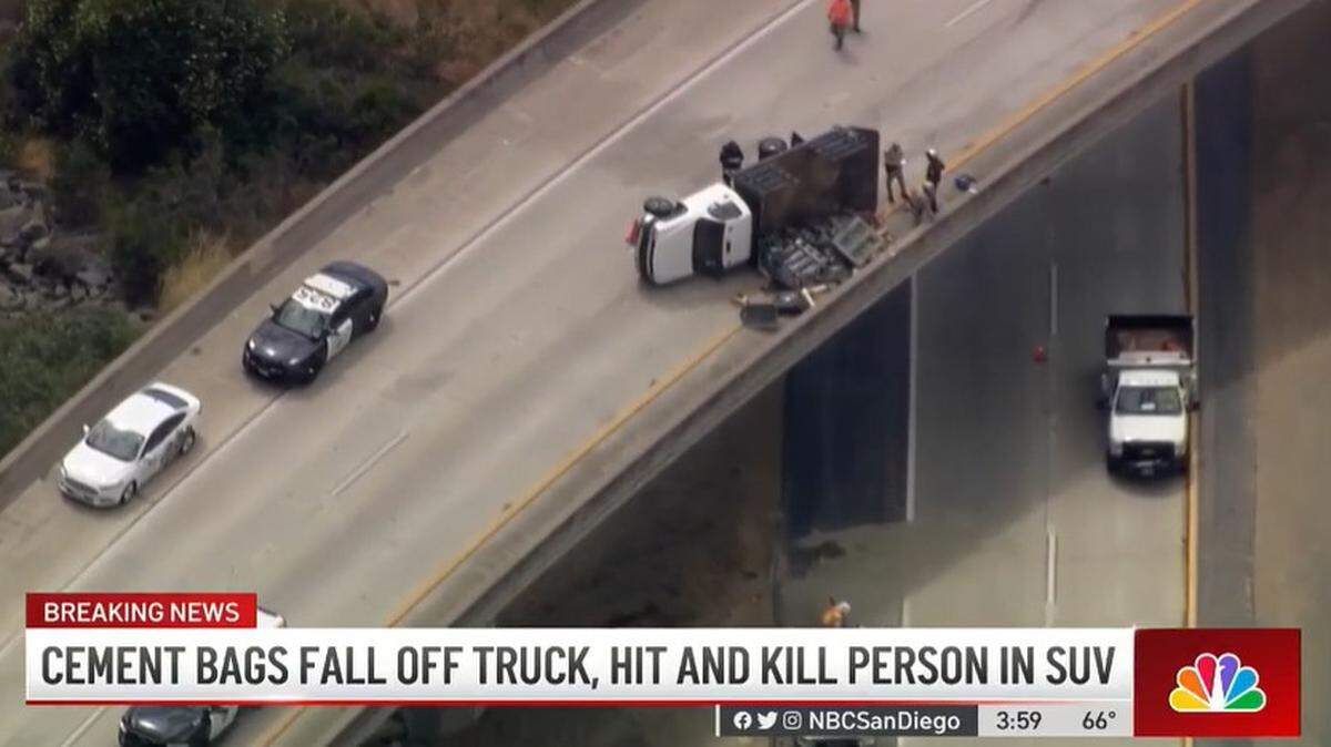 Cement bags fell from a truck crash on a highway overpass onto an SUV passing below, killing a passenger, the California Highway Patrol says.
