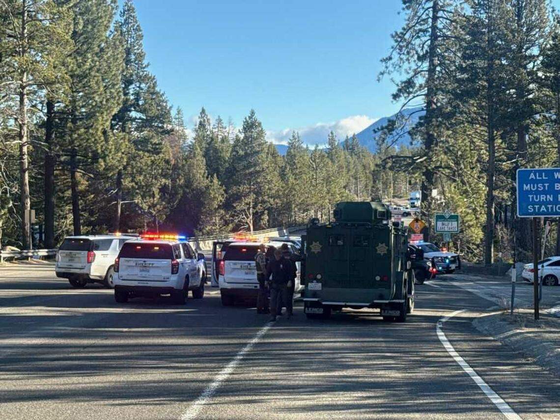 A BearCat from the El Dorado County Sheriff’s Office is parked on Highway 50 near South Upper Truckee Road west of Meyers, Calif., as multiple law enforcement agencies respond to a felony stop involving a white sedan on Thursday, March 5, 2026. The driver was taken into custody around 8:45 a.m. after a pursuit that began in Rancho Cordova.