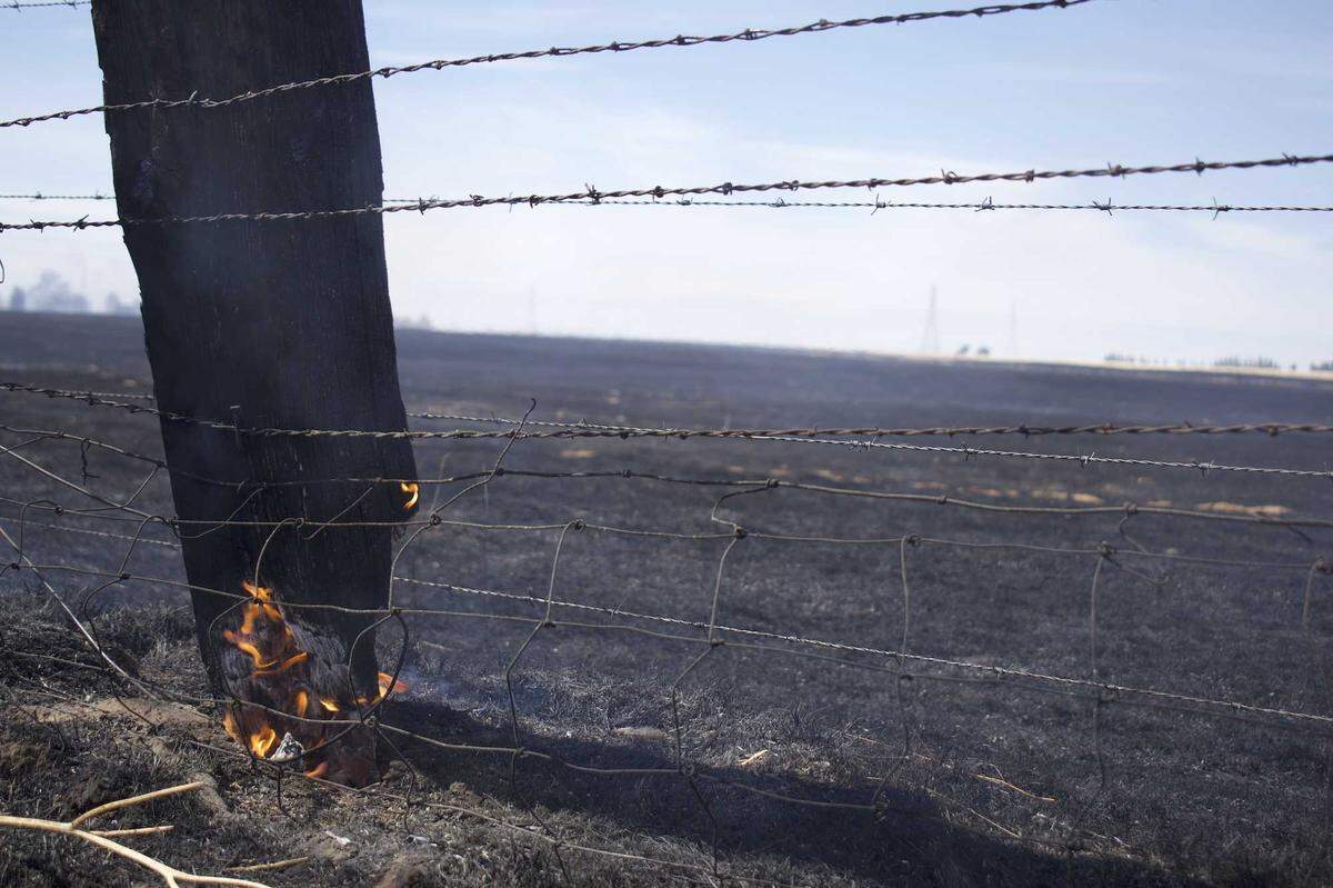 A fence smolders after a fast-moving grass fire burned Sunday, June 16, 2024, in an area of southeast Sacramento County. The Excelsior Fire burned more than 800 acres and destroyed at least two outbuildings along Jackson Road.