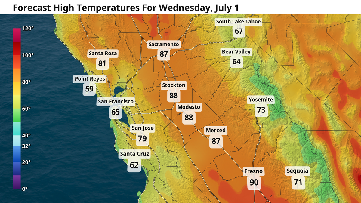 Forecast high temperatures for Wednesday, July 1