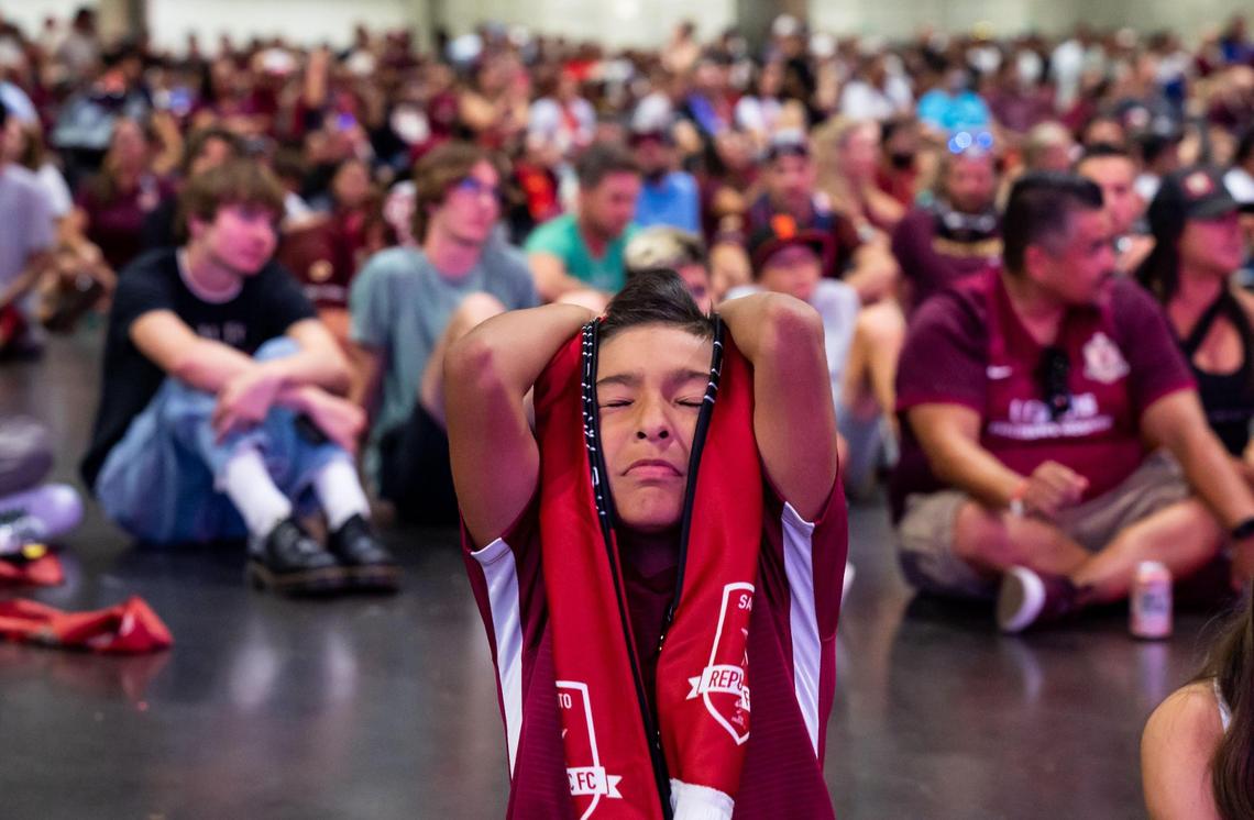 Sacramento Republic FC fan Isaiah Hernandez, 8, of Sacramento, reacts during a watch party at SAFE Credit Union Convention Center after Orlando City SC scores late in the second half at the U.S. Open Cup final Wednesday, Sept. 7, 2022, at Exploria Stadium in Orlando. His father, Roy Hernandez, said his son is a huge fan. “We’re season ticket holders, the whole family,” he added. Orlando beat Sacramento, 3-0, after a largely scoreless game.