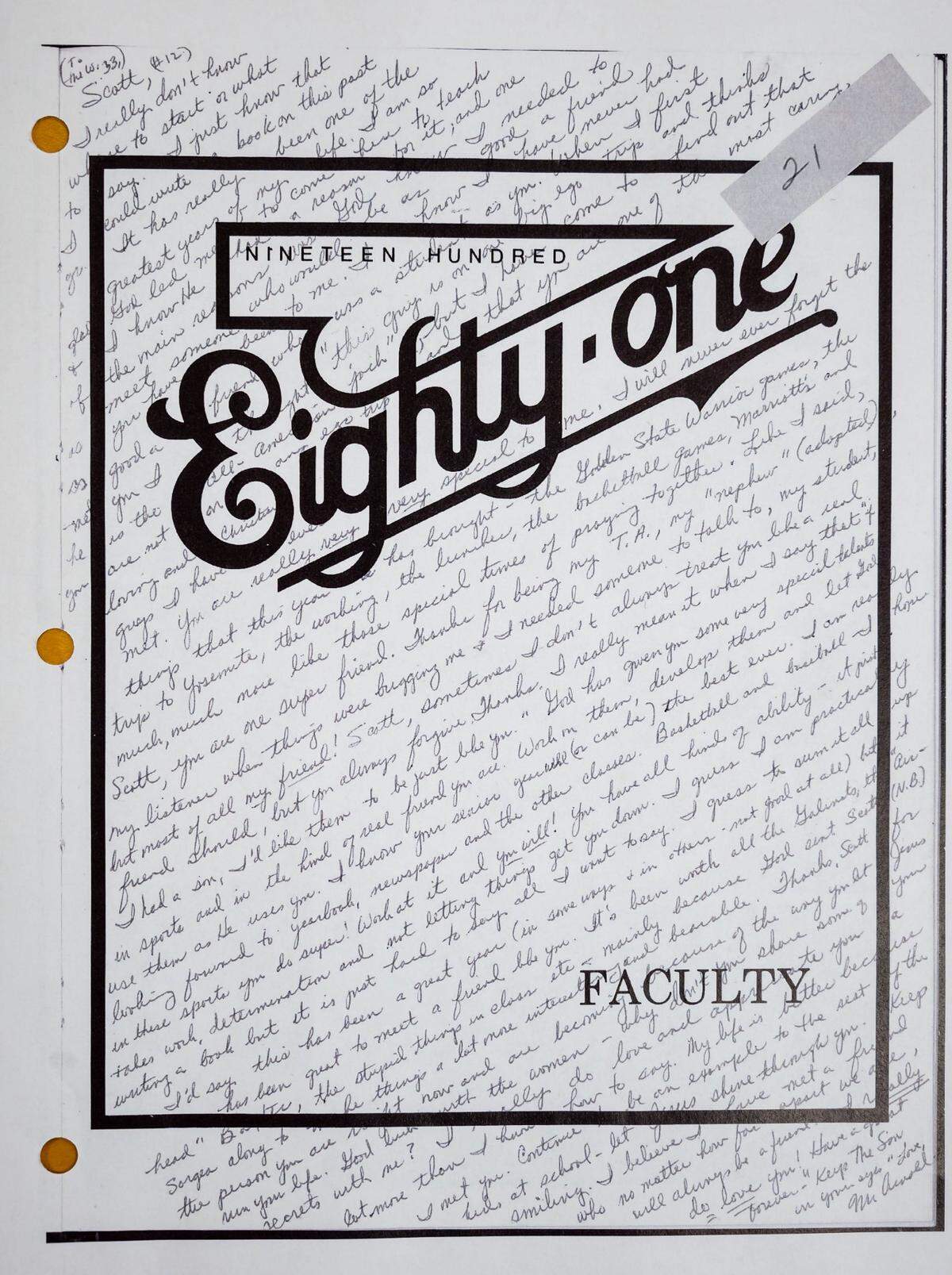 A lengthy personal note in Scott Sorgea’s high school yearbook was written by former teacher and coach Dave Arnold. Sorgea alleges abuse of a sexual nature was endured by him, his brother and other former Capital Christian School students. He said that after the abuse was reported, no criminal action was pursued.