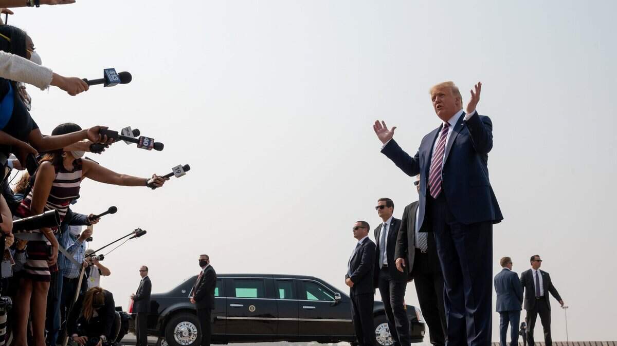 President Donald Trump speaks to the media before he meets with California Gov. Gavin Newson and other government officials to discuss wildfires at Sacramento McClellan Airport on Monday, Sept. 14, 2020.