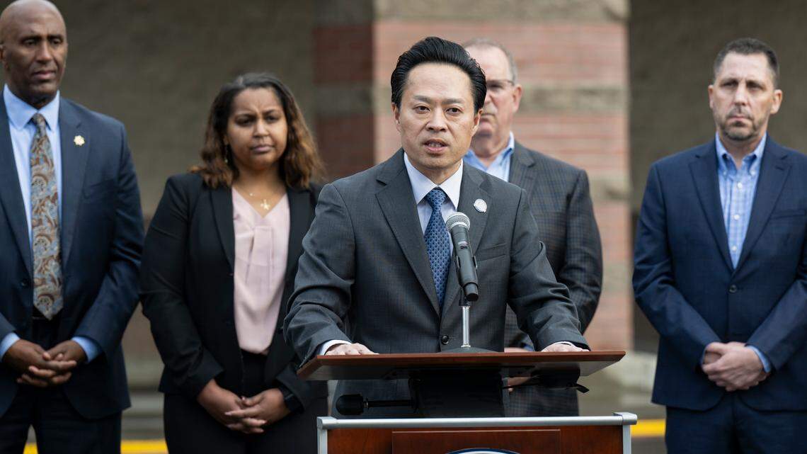 Sacramento County District Attorney Thien Ho addresses the media gathered during a press conference announcing a new retail theft unit on Jan. 23, 2024, at Walmart in south Sacramento.