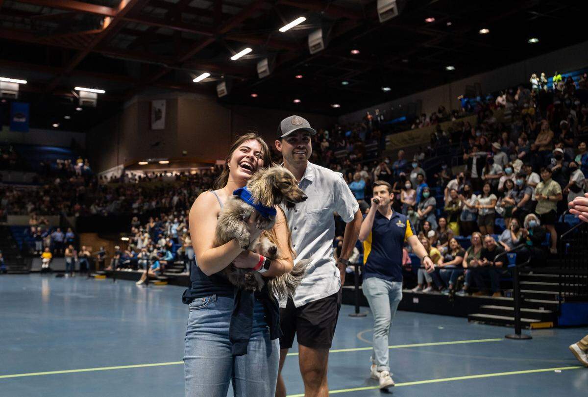 Hannah O’Toole holds newly minted Doxie Derby champion Bennie alongside fellow owner Blake Hannah after competing in the return of the event at UC Davis 108th Picnic Day on Saturday, April 23, 2022. “This is his first time racing in the Picnic Day Doxie Derby, but I’ve been watching it for years,” OToole said. “It’s been a dream of ours to have even just a dog race in the races, we’re just so proud of him – didn’t even know how fast he was,” she added. The couple were undergraduate students at UC Davis and are now pursuing graduate degrees in engineering.