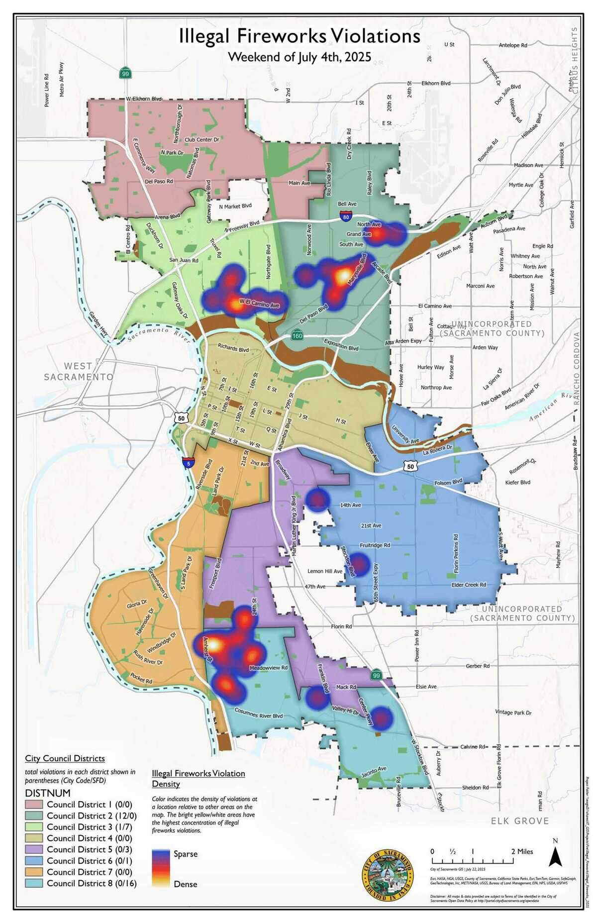 A map of the city of Sacramento showing illegal fireworks activity during the Fourth of July weekend in 2025. Areas that saw the most activity included parts of North Sacramento, South Natomas and Meadowview, according to city officials.