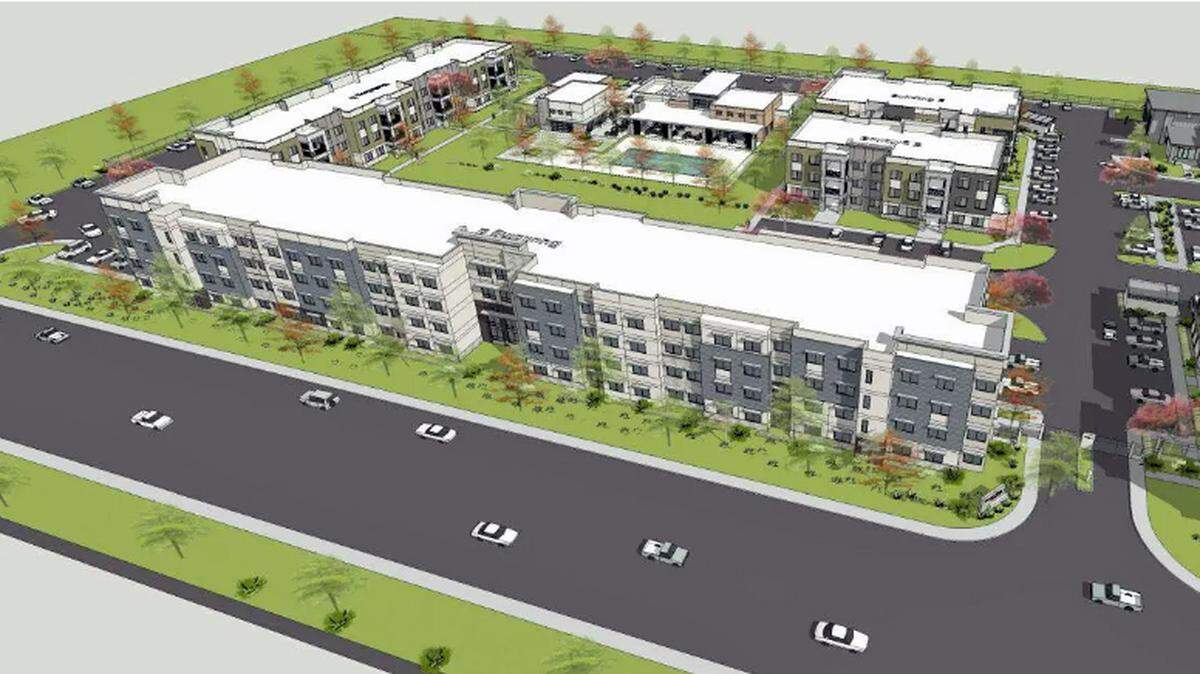 An artist rendering shows the proposed Merriment Village Apartments, a 218-unit low-income housing complex in Yuba City, with an estimated cost of more than $75 million.