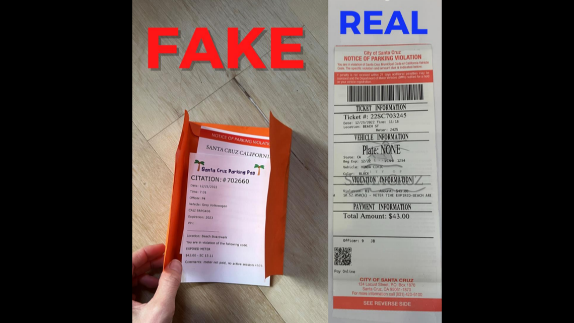 A man is accused of placing bogus parking tickets on vehicles near a beach on Dec. 21, 2022, in Santa Cruz, California. Police released a photo a real parking ticket on the right.