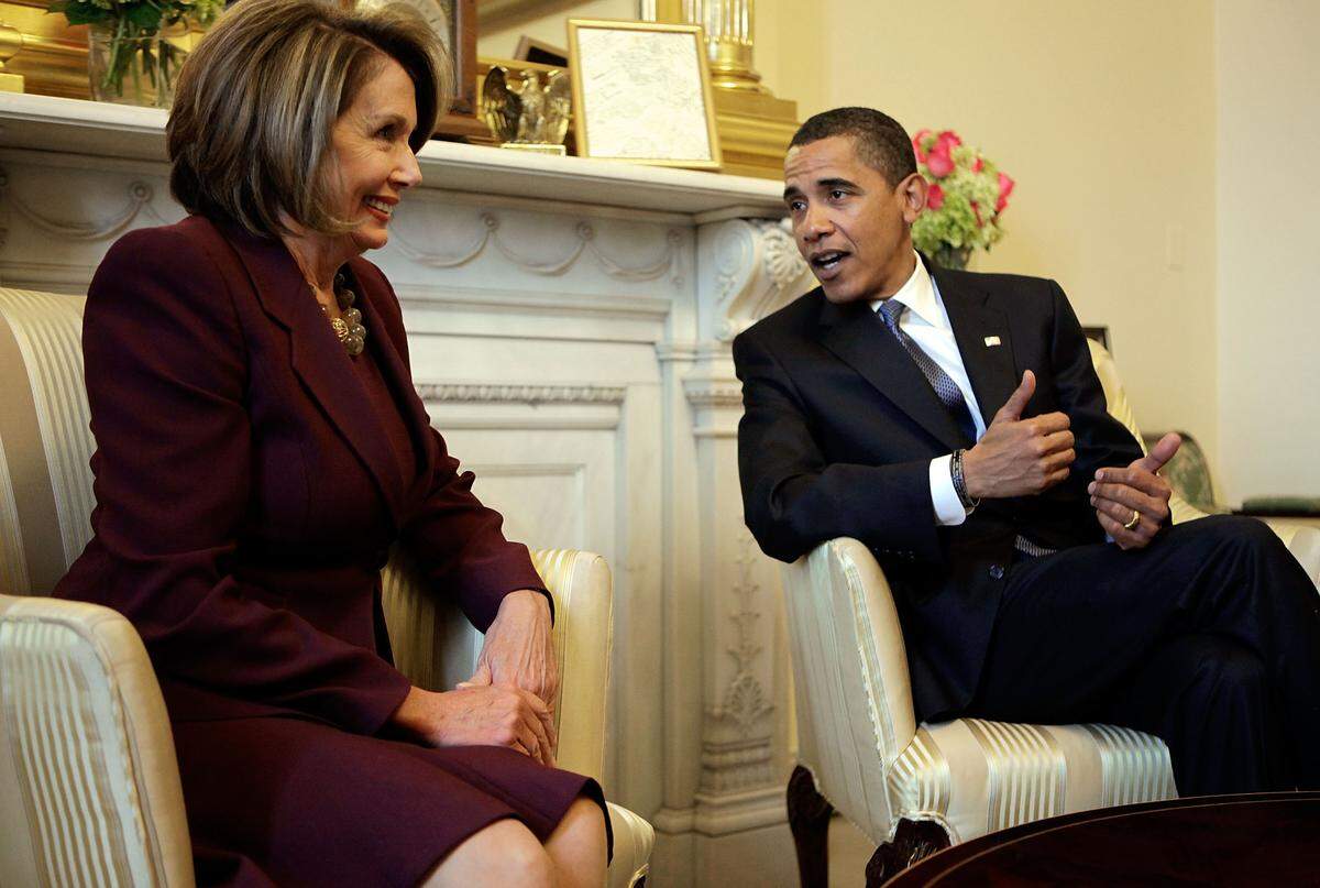 WASHINGTON - JANUARY 5: (AFP OUT)  U.S. President-elect Barack Obama meets Speaker of the House Rep. Nancy Pelosi, D-Calif., in her office at the U.S. Capitol on Jan. 5, 2009, in Washington, DC. Obama met with Pelosi and will meet with his top economic advisors to begin work on a stimulus package that they hope will include hundreds of billions of dollars worth of tax breaks for individuals and businesses.