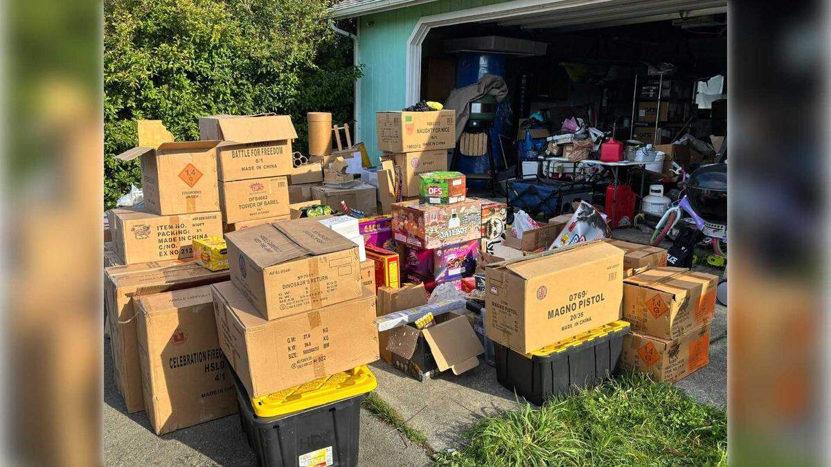 Seized illegal fireworks are seen at a home in Crescent City on Friday, Dec. 12, 2025. The fireworks were collected during the service of a search warrant tied to an ongoing multi-agency investigation into a deadly fireworks explosion in Esparto on July 1.