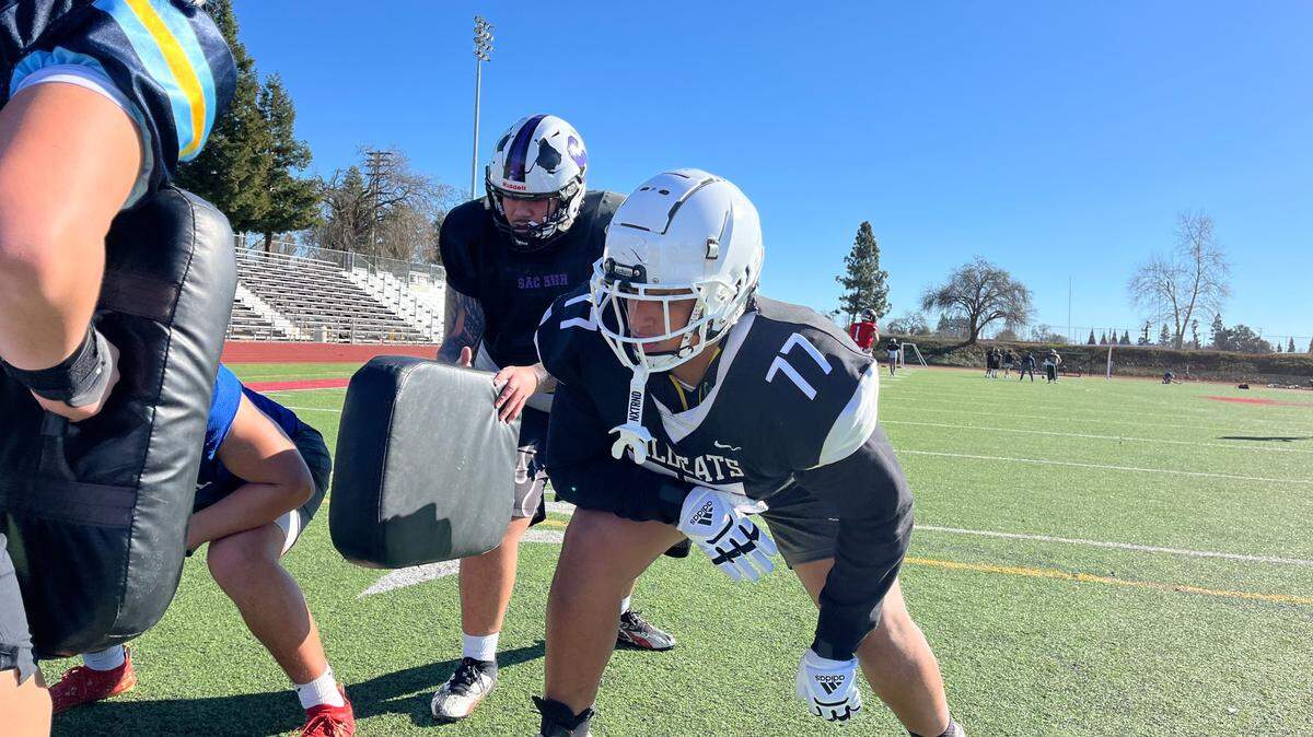 Aderian Adelabu practices Saturday, Jan. 11, 2025, at Cordova High School for the 65th Optimist All-Star Football Classic this Saturday at Granite Bay High School.
