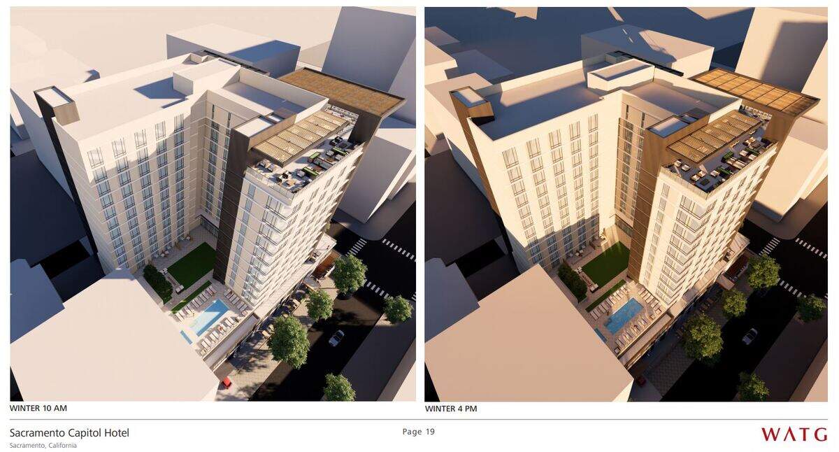 An exterior rendering of the planned 14-story Sacramento Capitol Hotel, by architecture firm WATG.