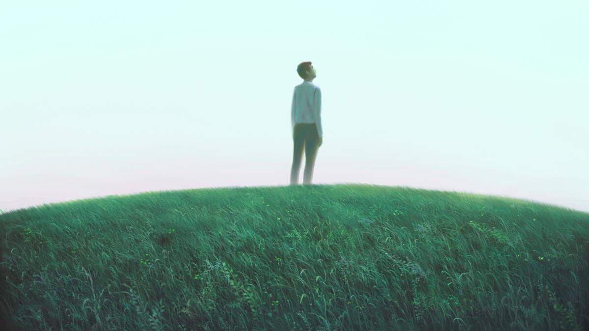 Man alone with the field. Surreal painting hope lonely and loneliness concept. nature landscape art