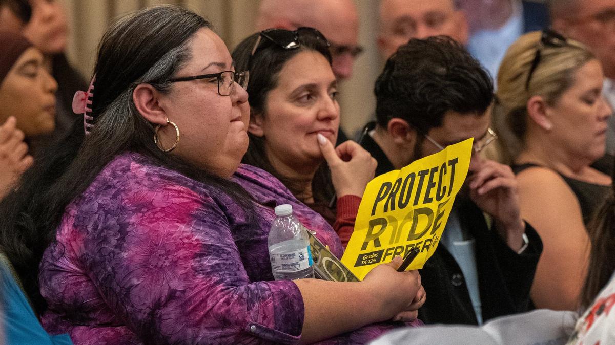 April Ybarra, left, and Vanessa Cudabac, right, wait to speak against the elimination of RydeFreeRT free fare program for K-12 students at a Sacramento City Council meeting on Tuesday, May 21, 2024. Both are mothers of students, and Cudabac is also a teacher at New Technology Early College High School.