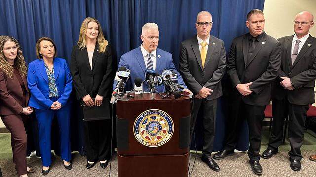 Yolo County District Attorney Jeff Reisig speaks during a news conference on Friday, April 10, 2026, in Woodland about the indictments related to the fatal Esparto fireworks explosion last year.