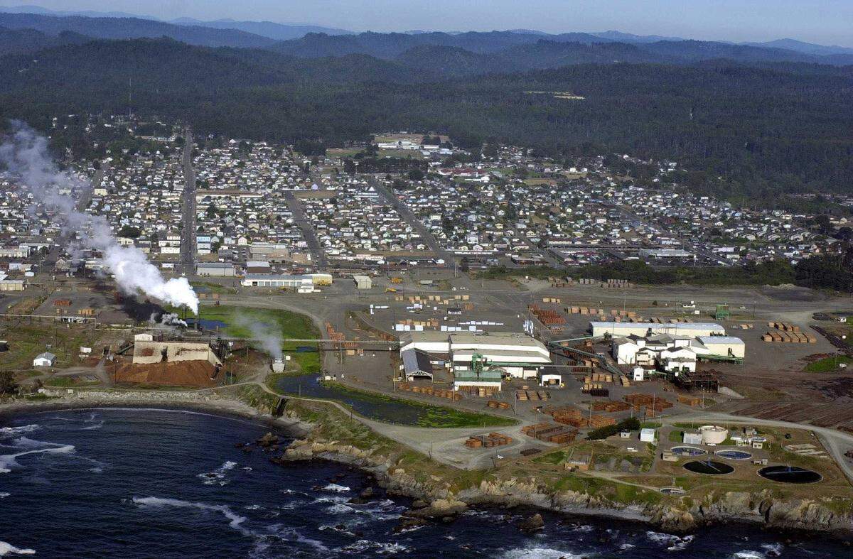 The Georgia-Pacific timber mill in Fort Bragg operates in 2002. The owner of the Skunk Train now owns the 375-acre property after using its status as a federally recognized railroad to pursue the vacant Georgia-Pacific mill site through eminent domain.