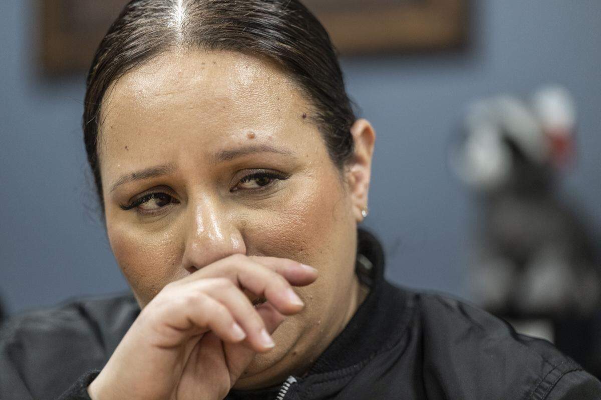 Cindy, the fiancee of Carlos Ivan Mendoza Hernandez — who was shot by ICE officers during a traffic stop in Patterson, makes a statement at the office of their attorney in Modesto on Wednesday, April 8, 2026. Cindy said that her two-year-old daughter is asking about her father.