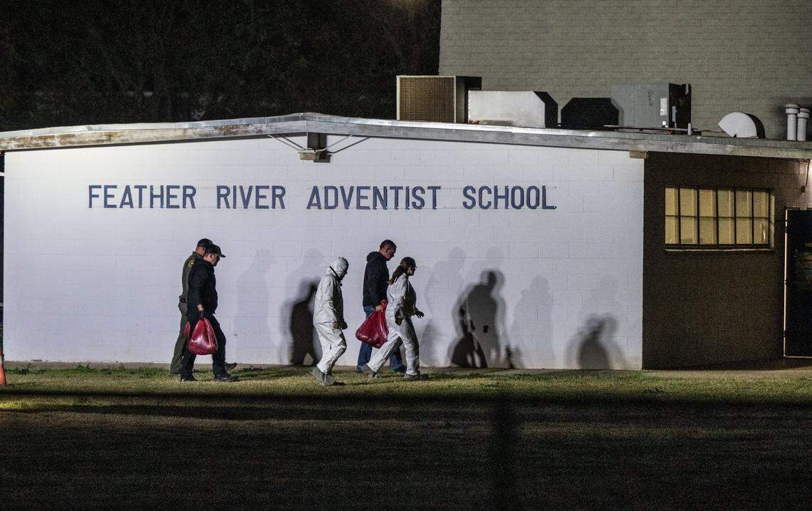 Crime scene investigators collect evidence at a shooting scene at Feather River Adventist School in Oroville on Wednesday, Dec. 4, 2024. Two boys ages five and six were shot and are recovering at a Sacramento hospital, according to Sheriff Kory Honea.