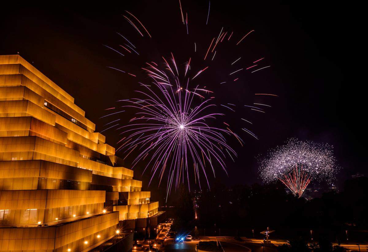 Fireworks commemorate the Fourth of July holiday celebrations near the ziggurat office building in West Sacramento on July 4, 2019.