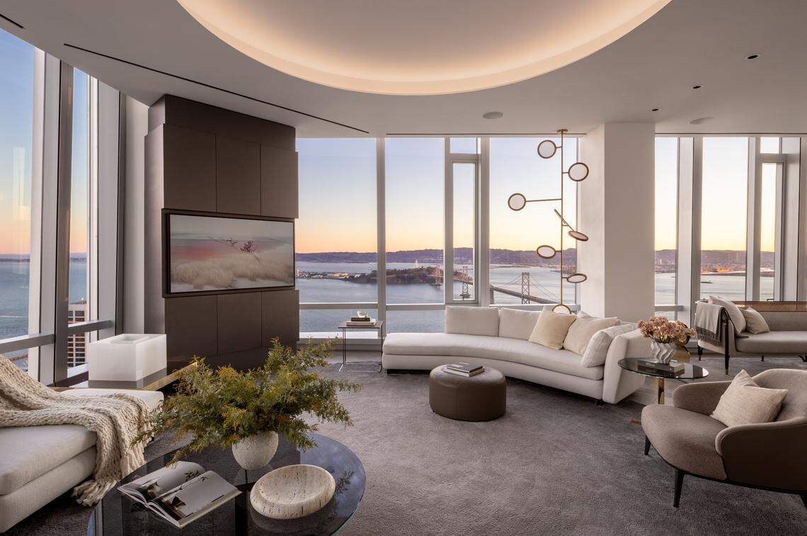 The 7,000-square-foot of living space in the penthouse at 181 Fremont St., San Francisco, includes views like this one from the living room.