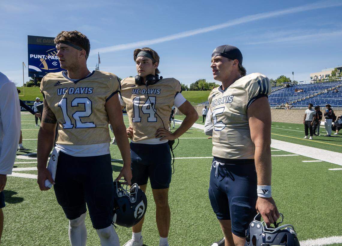 UC Davis quarterbacks Jackson Kollock (12), Axel Eason (14) and Treynor Cleeland (5) take a water break during spring practice at UC Davis Health Stadium on Saturday. 