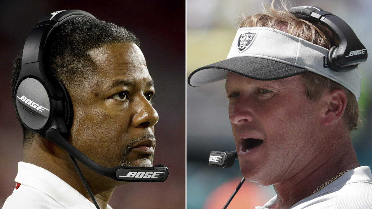 Arizona Cardinals coach Steve Wilks, left, and Raiders coach Jon Gruden will go head-to-head Sunday in Glendale, Ariz.
