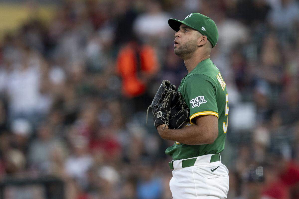 Athletics pitcher Luis Morales (58) reacts to a pitch during a game between the Athletics and the Red Sox at Sutter Health Park in West Sacramento on Monday, Sept. 8, 2025.