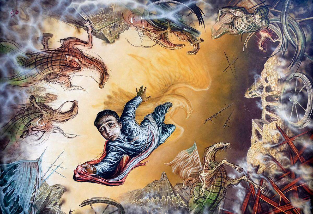 A 1967 ceiling mural by Gabriel Flores at the Castillo de Chapultepec depicts teenage Mexican military cadet Juan Escutia leaping from the castle walls to his death, wrapped in the Mexican flag to prevent it from being taken by the U.S. Army, during an 1847 battle in the U.S.-Mexican War.