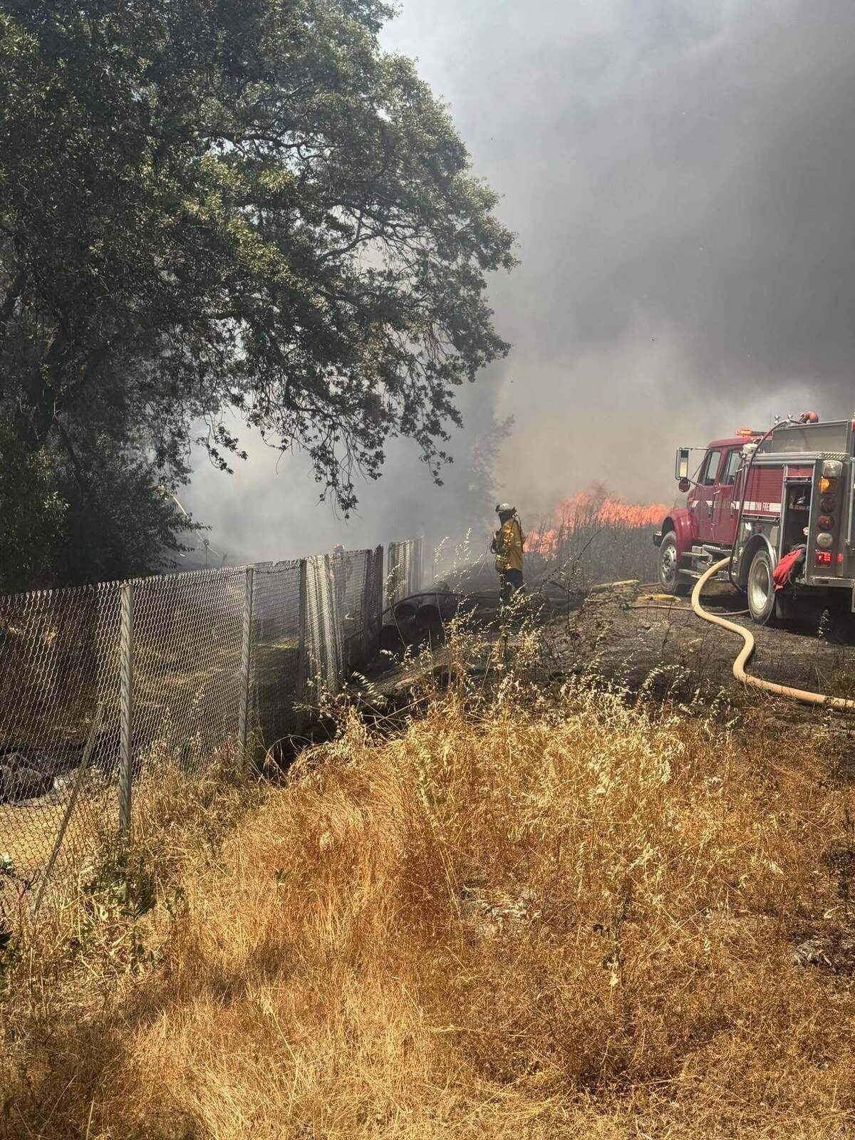 The Woodland Fire Department battles the first of at least four grass fires sparked in Woodland on Wednesday, which started on the 200 block of North Pioneer Street near Highway 113. A Woodland woman was arrested in connection with the fires later Wednesday, the Woodland Police Department said.